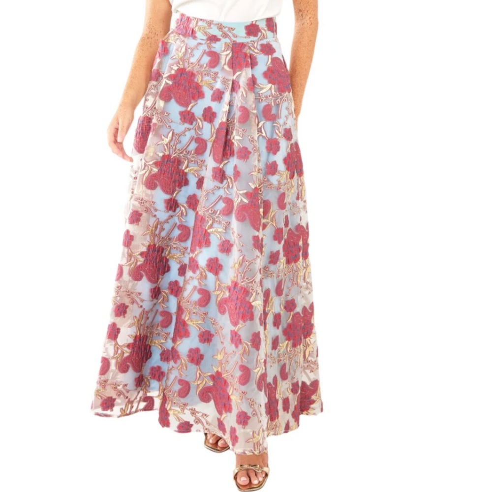 Abbey Glass Moon Light Petal Organza Floral Maxi Skirt with Red and Gold Pattern